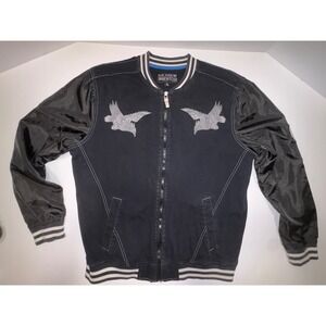Raw Yarns Industries Mens Black Bomber Jacket Eagle Embroidery Full Zip SZ Large